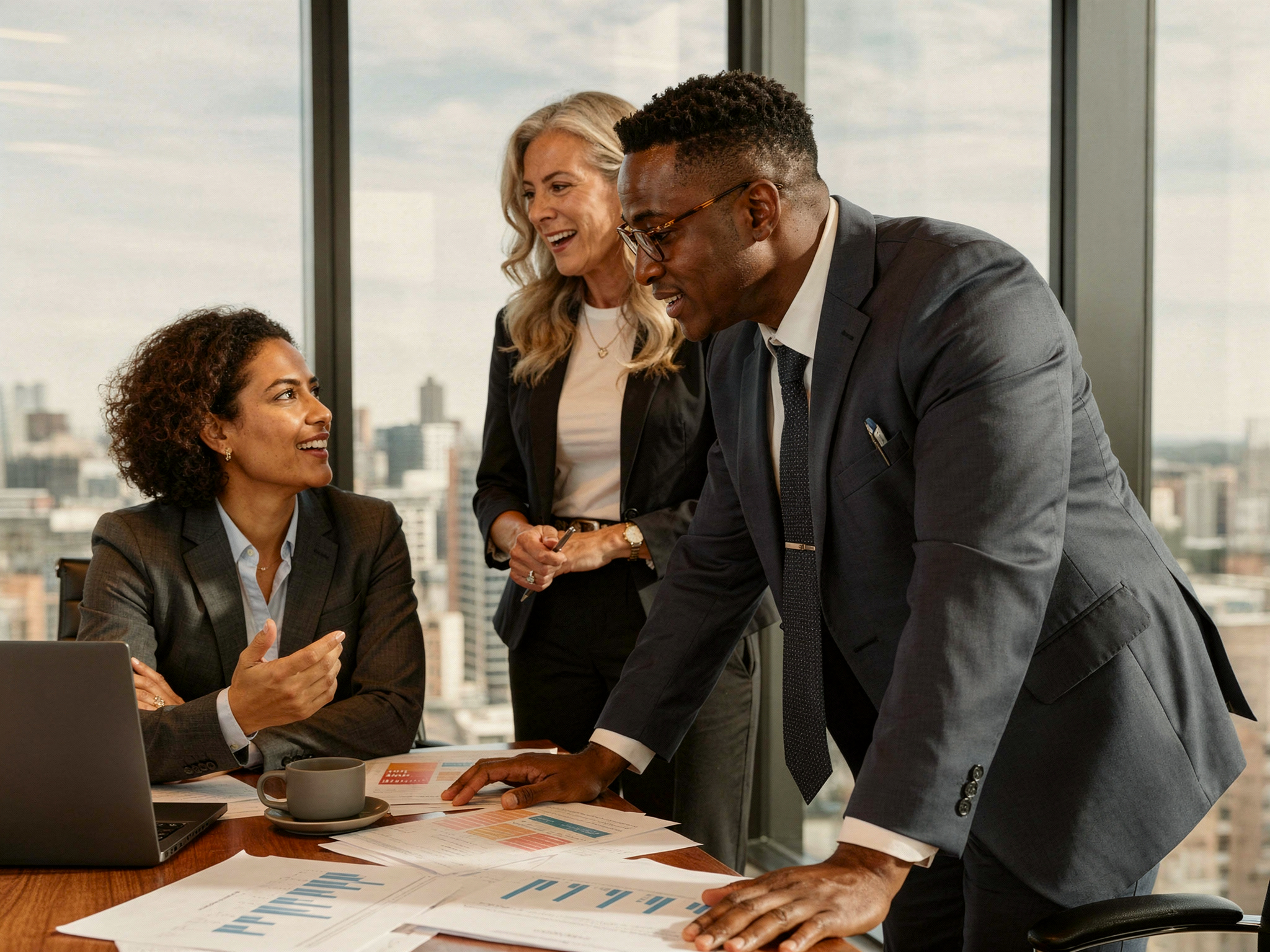 Business professionals meeting in a modern office with city view